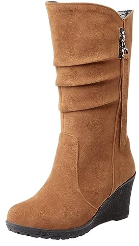 rismart Femme Souple Botte mi-mollet Talon Compensé Mince Doublé de Fourrure Daim Cuir Chaussures d'hiver Marron,38