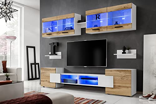 Komodee, Wohnwand Wohnzimmerset RTV Foggia, Front in Wotan Matt/Karkasse in Weiß Matt, Breite 230cm x Höhe 195cm x Tiefe 35cm, LED Blau, für Wohnzimmer, Schlafzimmer