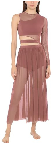 Aislor Robe Danse Lyrique Femme Justaucorps Gymnastique Danse Latine Tenue Patinage Robe Danses Contemporaine Costume Dancewear S-XXL Marron M