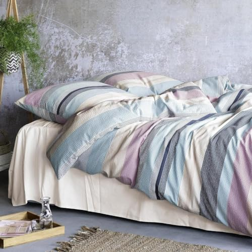 Irisette Seersucker 8446-90 - Juego de cama (135 x 200 cm), diseño de rayas, color azul y rosa