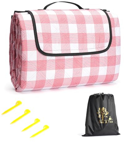 Oak & Tea Picknickdecke Wasserdicht Groß Faltbar Strandmatte Campingdecke 200 X 200 cm mit 4 Eckschlaufen Outdoor-Teppich mit Tragegriff Für Camping Karomuster Rot und Weiß