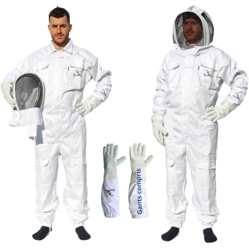 Best Bee Combinaison Apiculteur en Tissu Épais et Coton de haute qualité, Fermeture Éclair robuste, Gants en Cuir, Capuche Amovible, Poches Pour Outils - Tenue Apiculture anti guêpes & abeilles XXL