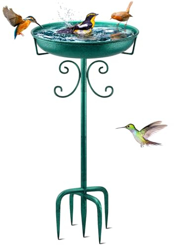 Yepper Baignoire d'oiseaux autoportante vintage de 88,9 cm avec piquet en métal pour jardin, terrasse, cour, pelouse, base améliorée à 5 dents (vert)