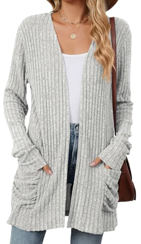 Famulily Long Sleeve Ribbed Cardigans for Women, Light Fall Winter Outwear Open Front V Neck Sweater Cardigans with Pockets