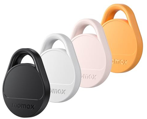 MOMAX Key Finder Tracker Devices, Luggage Tracker Tag, Smart Tag for Keys, Backpacks, Purses and Pets, Works with Apple Find My (iOS 18+ only), Global Search Coverage, IPX5 Waterproof, 4 Pack