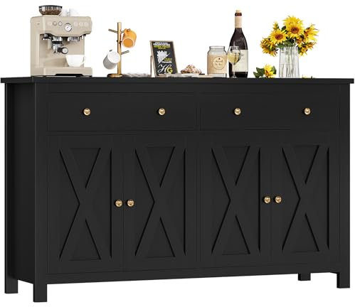 FirFurd Sideboard 140cm Breit Küchenschrank mit Arbeitsplatte Buffetschrank mit 2 Schubladen und 4 Türen Küchenbuffet mit Verstellbares Regal Sideboard für Wohnzimmer Küche 140x89x40 cm (schwarz)