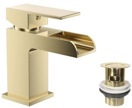 VeeBath Kinetic - Miscelatore quadrato per lavabo a cascata, finitura moderna in ottone spazzolato, comando a leva singola, ingresso BSP G1/2 con scarico pop-up, rubinetti da bagno a ponte