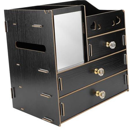 Gogogmee Organizador de Maquillaje Espejo y Cajón de Madera Multifuncional Negro para Almacenamiento en Escritorio