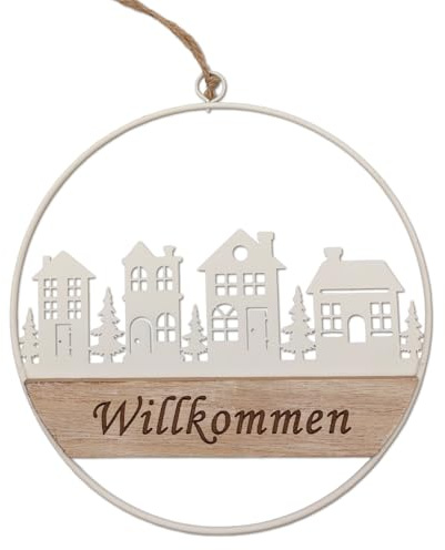 Corona de bienvenida redonda de metal y madera, 20 cm, diseño de casas blancas, árboles, decoración de Navidad, decoración de invierno, placa de entrada Logbuch-Verlag