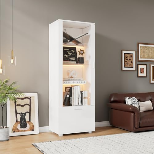 YuQozii 50 x 40 x 160 cm, vitrinas blancas brillantes con puerta acrílica, vitrina acrílica iluminada con LED, vitrinas para coleccionables, perfumerías, estanterías y vitrina acrílica con puertas