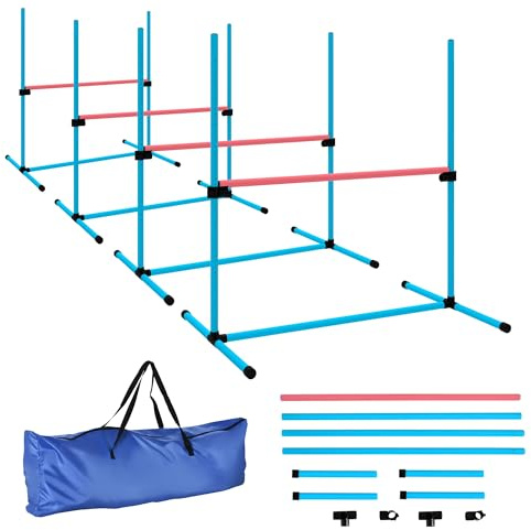 PawHut Agility pour Chiens Hauteur Réglable Sac de Transport Bleu Clair | Kit Agility Chien Parcours, Set de 4 Obstacles Professionnels, Système de Maintien au Sol, Jeux Intéressants, Entraînement