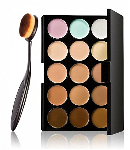 LyDia® 15 Nude Colours Cream Concealer/Highlight/Face Contour Camouflage Palette Dull/Redness Skin/Black Circle kit set #1 + LyDia® Professional Oval Black Face/Eye/Body Cosmetic Foundation/Concealer/Blush/Blusher/Contour/Bronzer/Powder/Eyeshadow Buffer Makeup Brush