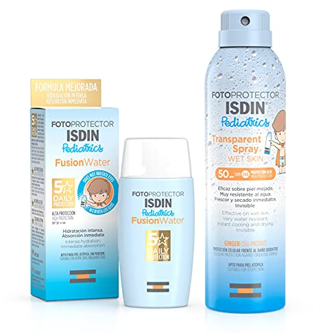 ISDIN Pediatrics Fusion Water LSF 50 50 ml | Kinder-Sonnencreme für das Gesicht + Pediatrics Wet Skin Transparent Spray 50 | unsichtbarer und leichter Lichtschutz für nasse Kinderhaut | 250 ml