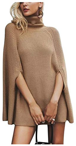 Poncho Col Roulé en Laine Femme Cape Tricoté au Crochet Pull Ample Grosse Maille Manteau Automne Hiver Blouse Manche Chauve Souris Chandail oversize Haut Cachemire Chemise Uni Baggy Jumper Top Sweater