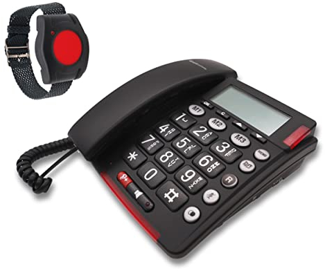 G-TELWARE® (ELDAT-variant!) 2022/23 modell seniortelefon nödsamtalstelefon med trådlös -SOS-sändare, trådlös fast telefon, 1 armbandssändare, stora knappar, hörapparatkompatibel ..