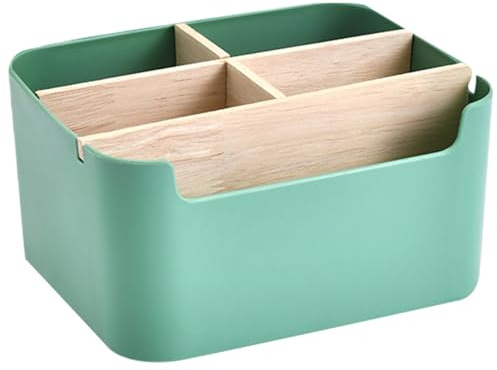 JOKILY Skrivbordsförvaring, 5 fack bambu kontorsorganisatör med pennhållare, pennhållare, förvaringsbox för pennor, kosmetika, små föremål (grön)