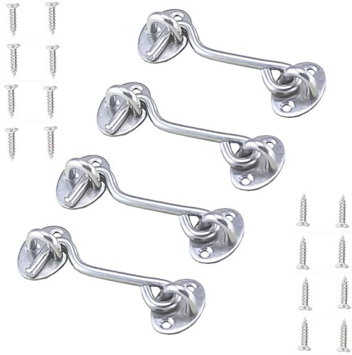 VENGABY 4 Stück Sturmhaken Kabinenhaken mit öSe, Edelstahl TüRhaken Fensterhaken, Sturmhaken für SchwingtüR Holz, FensterläDen Holz,Scheunentor Gartentor Riegel mit Montage (Silver, 3 IN)