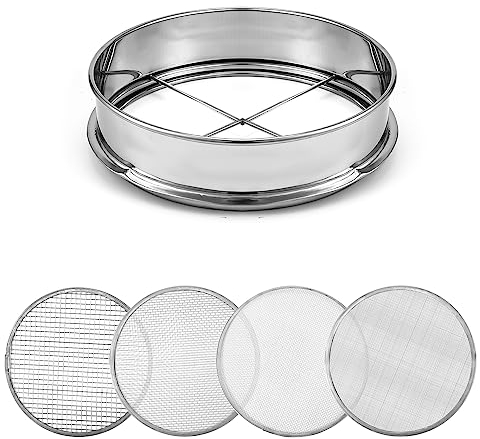 Tamiz Suelo, 1 Pieza de Tamiz de Acero Inoxidable de 30cm y 4uds Tamaños de Malla de 0,7/2/3/6mm Tamiz de Tierra para Jardín Tamiz Tierra Tamiz de Suelo de Jardín de Suciedad