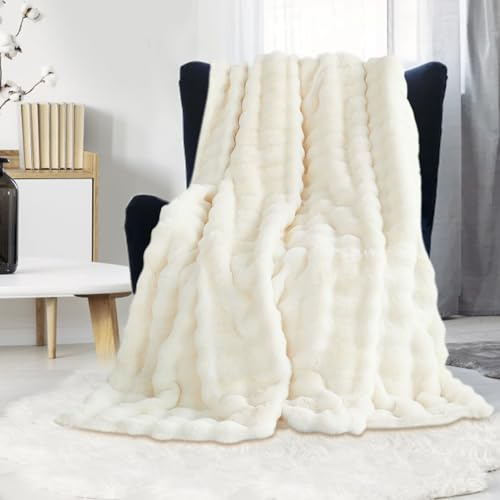 GKXLH Couverture Douce et Moelleuse - Plaid Douillette pour canapé, Couverture en Fausse Fourrure Lapin en Peluche, Plaid Chaud épaisses à Bulles pour lit, canapé, Chambre à Coucher, Salon (Blanc)