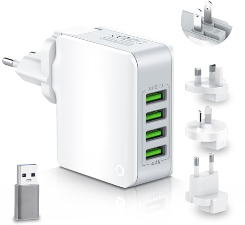 Reiseadapter Weltweit mit 4 USB Universal Reisestecker Adapter Ladegerät 22W, Internationaler Steckdosenadapter Travel Adapter Weltreise Steckdose Netzteile für USA UK EU AUS Europa England Thailand