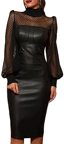 tinbarry Abito in Pelle PU da Donna Abito a Tubino Elegante a Maniche Lunghe Nero Abito Clubwear Abiti da Sera per Feste Abiti da Festa Aderenti Wetlook