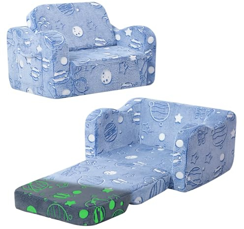 MeMoreCool Kindersofa Ausklappbar, 2-in-1 Kleinkinder Schlafsofa, Kindersessel mit Schlaffunktion, Mini Couch für Kuschelecke Kinderzimmer, Spielsofa für Mädchen und Jungen, Leuchtendes Universum