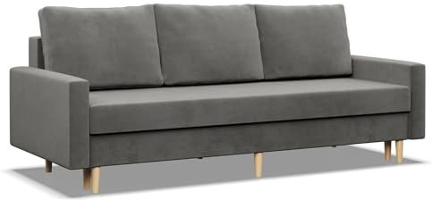 Mebligo - Sofa Mit Schlaffunktion und Bettkasten Blank, 3 Sitzer 212 cm Breit, Schlafsofa Mit Bonellfederkern im Sitz, Ausziehbares Couch auf Holzfüßen, Wohnzimmer - Hellgrau