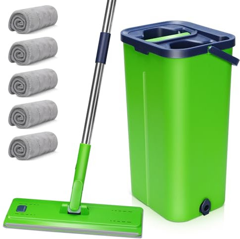 MASTERTOP Mocio Lavapavimenti in Microfibra e Secchio Strizzatore, Mocio Piatto Rotante 360°+ Secchio a 2 Scomparti di Mani Libere, con 5 Tamponis (Verde)