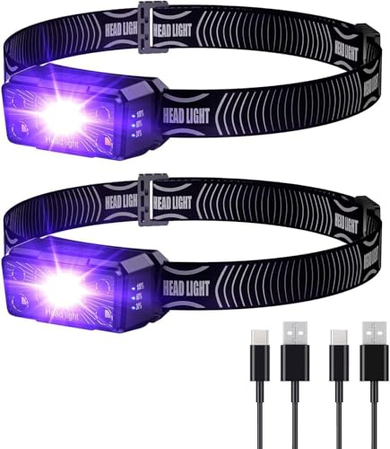 COSOOS Linterna frontal LED recargable por USB, 2 unidades, con luz negra, resistente al agua, ligera, mini linternas para niños, exteriores, correr, correr, pasear perros, chinches y escorpiones