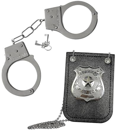 OIXYEY Ensemble 2 Pièces Menottes Enfant, Badge De Menottes Pour Accessoires De Police, Parfait Pour Les Costumes De Fête D'Halloween Et Les Accessoires De Détective De Jeu De Rôle (A)