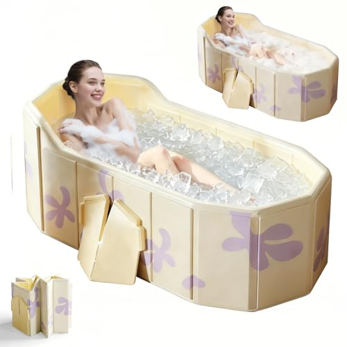 140 x 55 x 55 cm Folding Bathtub, Portable Bathtub Adult, Soaking Ice Bath Tub, Hot & Cold Foldable Bath Tub Adult, Upgraded Backrest, for Spa, Sauna, Couple Shower, with Cushion and Drain Hose