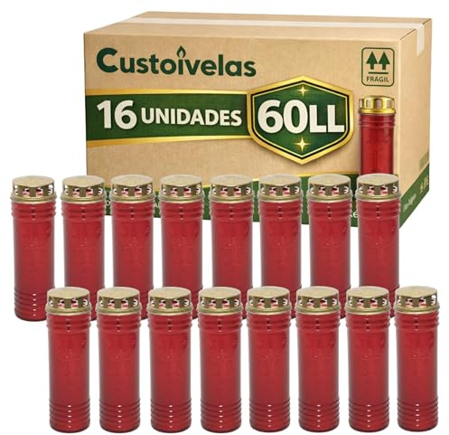 Vela Cirio con Tapa de Seguridad 60LL - Blanco 24,5 cm | Larga Duración para Cementerio, Exterior e Ceremonias | Llama Estable con Protección | Pack 24 Unidades (16, Rojo)