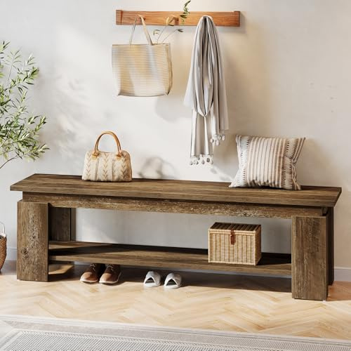 Tribesigns Banc d'Entrée en Bois Massif 160 cm avec Rangement à Chaussures, Rustique, Banc à Chaussures en Bois pour Salon, Idéal pour Couloir, Salon ou Vestibule, Marron Vintage