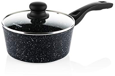 Westinghouse Stielkasserolle 18cm mit Glasdeckel, 3-lagige Marmor-Antihaftbeschichtung, aus geschmiedetem Aluminium, Induktionsgeeignet, Griff Silikonbeschichtung, schwarz, WCSP0009018MBB