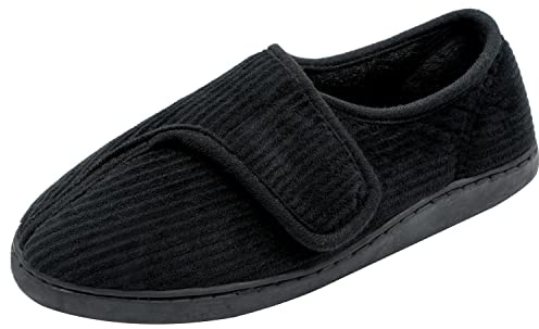 Git-up Men Memory Foam Diabetic Slippers Adjustable Arthritis Edema Swollen Feet Wide House Shoes Comfy Soft Non-Slip Plus Size Indoor Outdoor Slipper,Black,11 D(M).