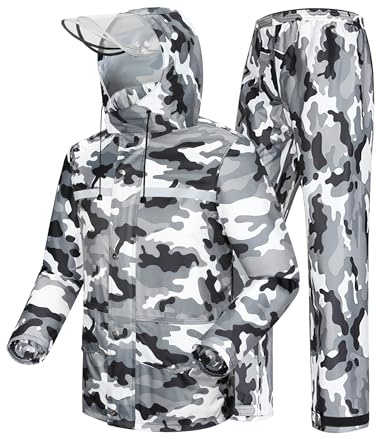 iCreek Rain Suit Waterproof Jacket and Trouser Suit Raincoat for Men and Women Outdoor All-Sport Breathable Anti-storm (XL-USA, Gray camouflage)