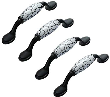 BOZONLI 4 Pack Ceramic Handles, Cupboard Handles, Door Knobs Drawer Handles Cabinet Drawer Cupboard Kitchen Ceramic Pull Handle, Black+Crackle Ceramic, 96mm