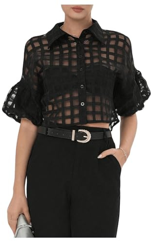 Floerns Women's Button Down Sheer Mesh Short Sleeve Collared Neck Crop Blouse Shirts Black S