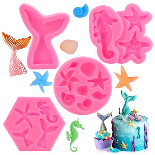 GOTRUST Mermaid Silicone Cake Moulds, 4PCS DIY Marine Theme Fondant Mould Set, 3D Mermaid Tail Baking Molds, Marine Animals Seashell Candy Mold for Chocolate Cupcake Decorations