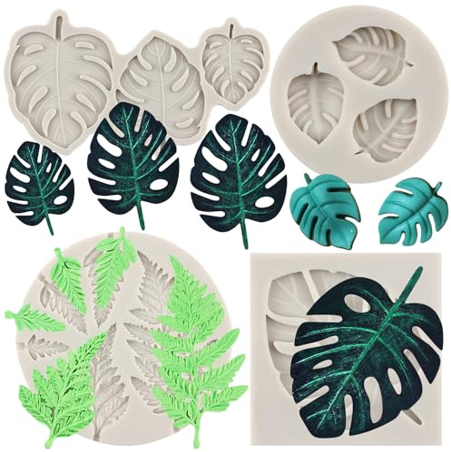 MYPRACS Tropiska blad silikonformar ormbunke Monstera löv fondant form för cupcake topper tårta dekorera godis choklad tuggummi pasta polymerlera set med 4