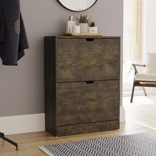 Vida Designs Zapatero de 2 cajones, Ahorro de Espacio, Delgado Armario de Almacenamiento de Zapatos con 2 cajones abatibles, Muebles de Pasillo y Sala de Estar, Certificado FSC 100 (Madera Oscura)