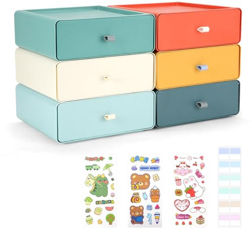 TIE-DailyNec 6 Pezzi Cassettiera Impilabile, Scatola di Immagazzinaggio con Cassetti, Organizzatore di Trucco per Scrivanie, Tavoli da Trucco, Scrivanie (6 Colori)