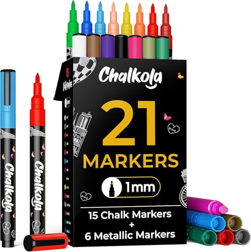 Chalkola Extra Fine Tip Chalk Markers for Blackboard & Glass (Pack of 21, 1mm Tip) | Washable Liquid Chalk Pens for Dry Erase Board, Car Windows, Acrylic Calendar | Thin Chalkboard Markers Erasable