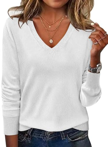 Minetom Pull Femme Pullover À Manches Longues en Tricot Sweat Col V Top Léger Couleur Unie Chandail Printemps Automne