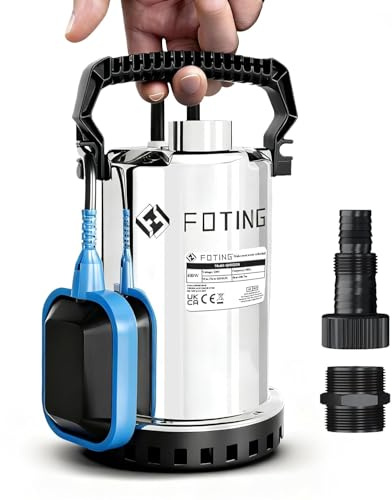 FOTING Bomba de agua Sumergible 400W, capacidad de 8.250 l/h, Altura máxima de suministro 7 m, inmersión máx. 7 m, interruptor de flotador, nivel mín. 7 mm, para jardín y depósitos