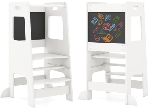 GYMAX Sgabello Scala per Bambini, Pedane alzabimbo, Torre di Apprendimento 2-in-1 con Lavagna, Ringhiera di Sicurezza, Pedana Regolabile Antiscivolo, per 1+ Anni, 60 x 49 x 91,5 cm (Bianco)