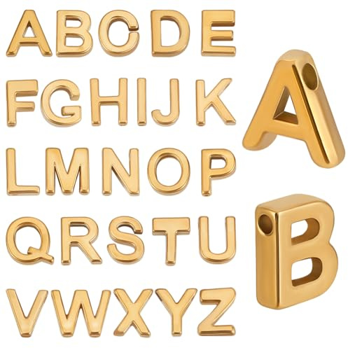 Beebeecraft 1 Scatola 26 Pezzi Perline in Metallo con Lettere Placcate in Oro 18K 304 ciondoli Piatti in Acciaio Inossidabile dalla A alla Z per La Creazione di Gioielli Fai da Te Foro 16mm