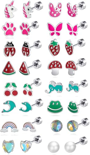 16 Pares Pequeños Pendientes Niñas Rosca Plata Juego de Pendientes Hipoalergenicos Acero Quirurgico Joyería para Niñas Unicornio/Ladybug/Fresa/Circonitas/Perlas