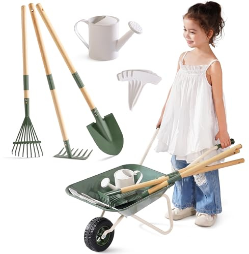 ROBOTIME Kids Metal Wheelbarrow & Planting Tools, 5PC Large Gardening Set with Adjustable Pine Handle, Outdoor Backyard Playset with Watering Can, Rake, Shovel, for Boys & Girls Ages 3+ (Olive Green)