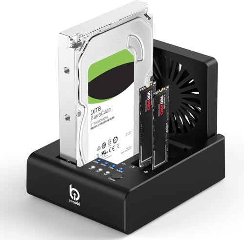 M.2 NVMe & SATA Hard Drive Docking Station, USB C 10Gbps Hard Drive cloner for M.2 PCIe NVMe + SATA 2.5”/3.5” HDD Converter, Offline Cloning, Tool-Free, Cooling Fan